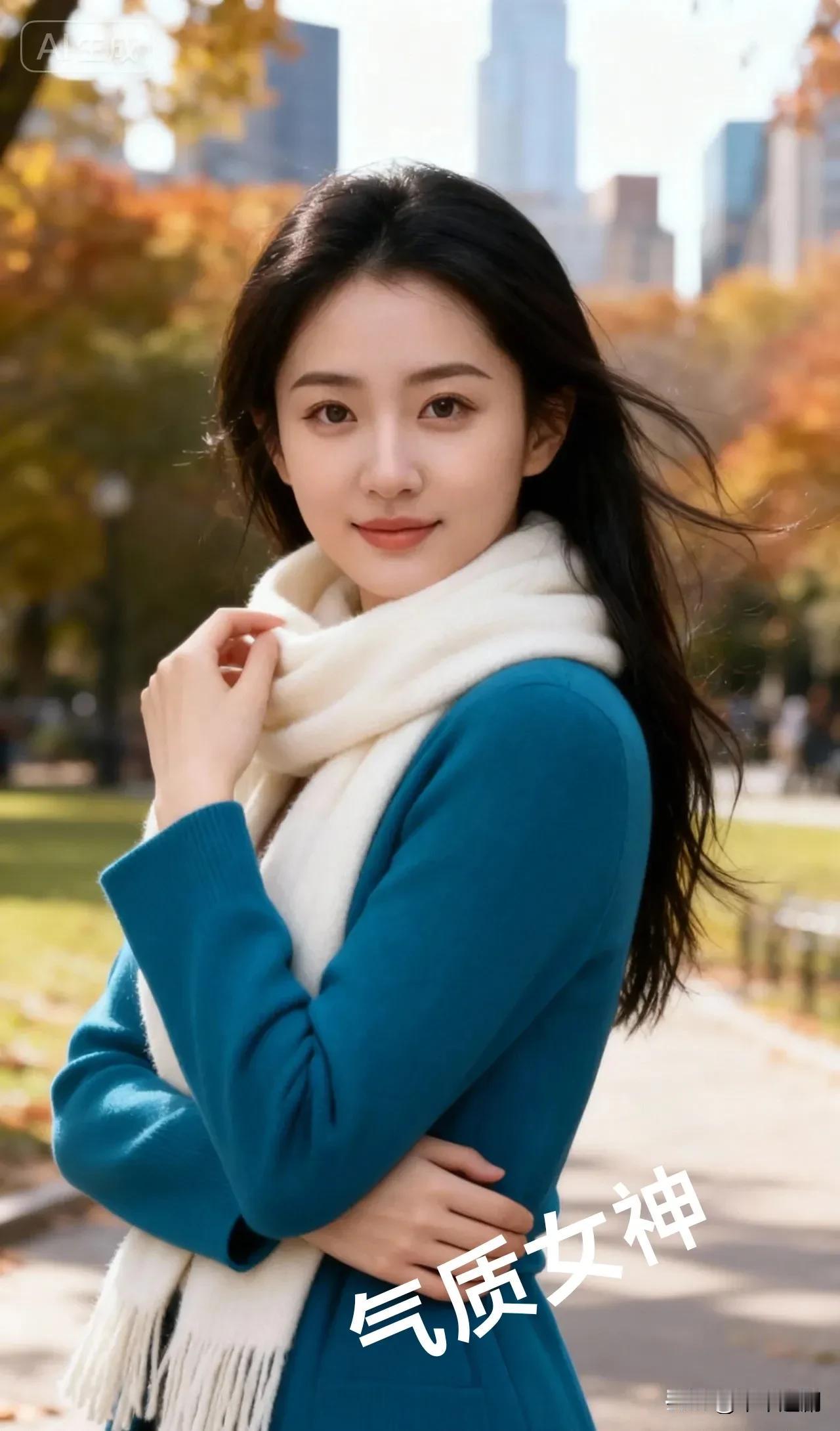 湖蓝裹着绒白的暖，风掀动发梢时，秋阳也浸在了笑意里。温婉高级温柔感女性