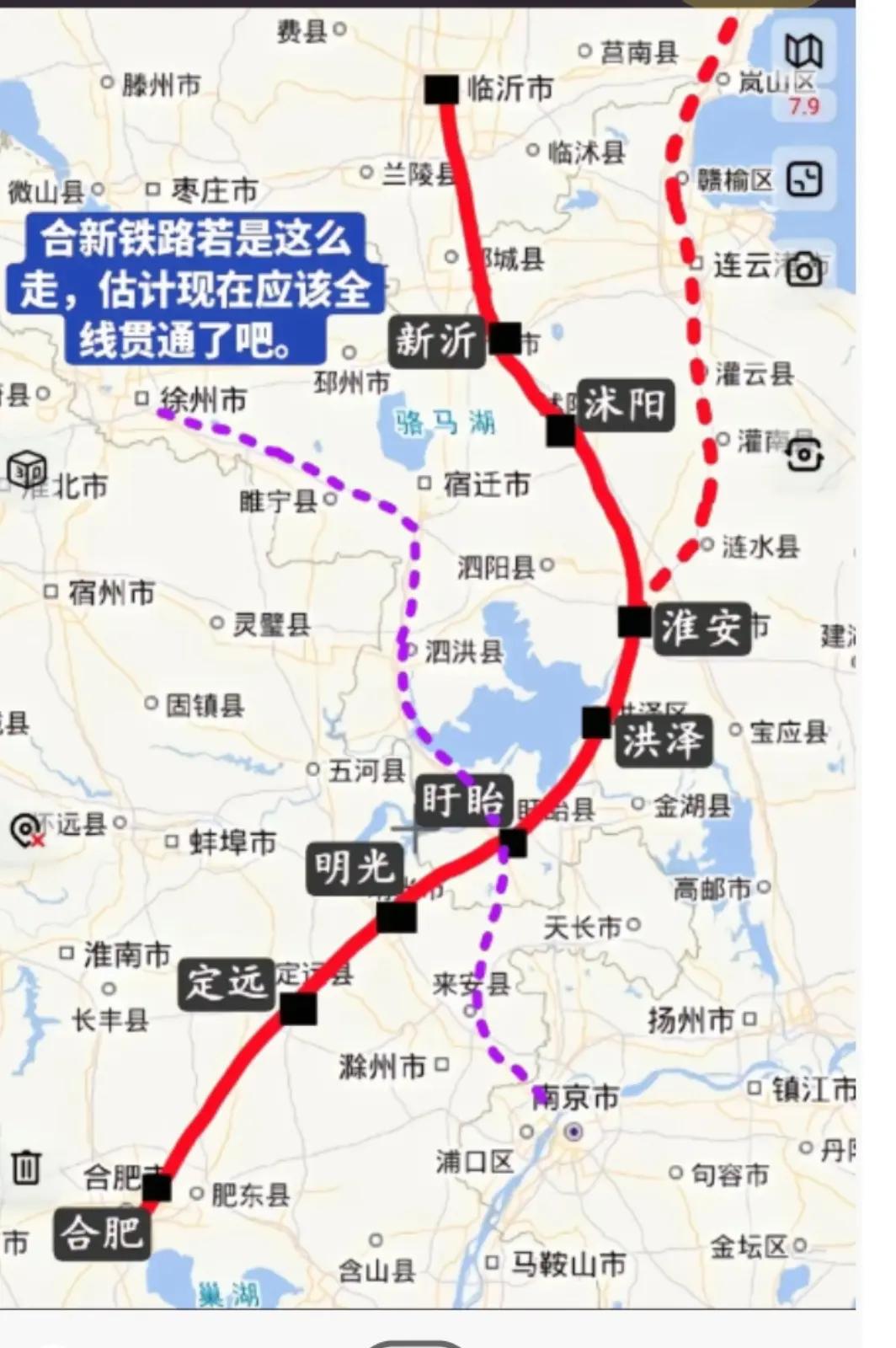 合青高铁江苏段原来规划走向，同时解决盱眙和沭阳不通高铁难题，淮安高铁枢纽地位得以