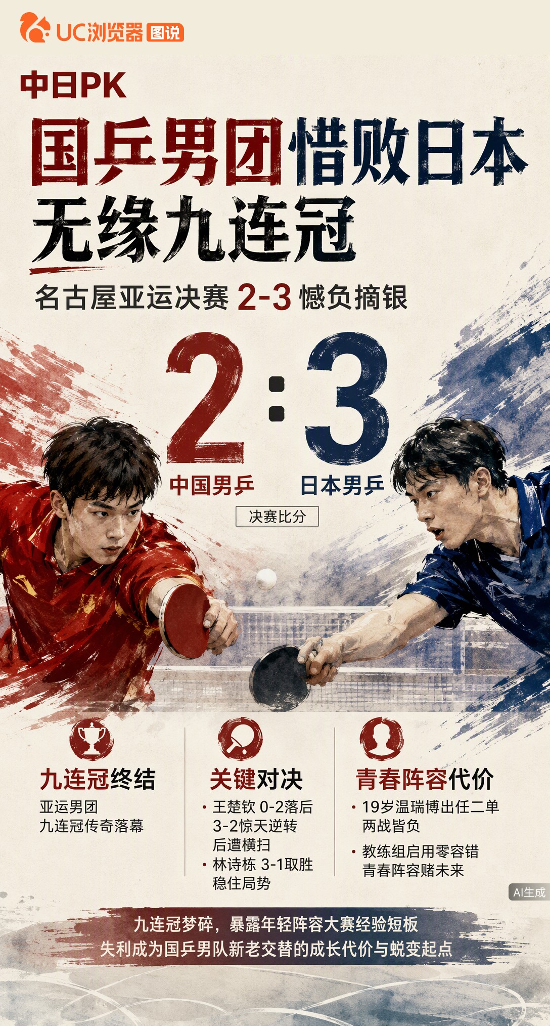 名古屋亚运男团决赛，国乒2-3惜败日本，九连冠纪录终结。19岁温瑞博两战皆负，王楚钦首盘逆转后遭横扫
