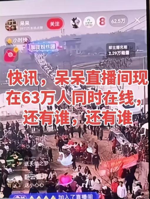 呆呆创造历史，中午直播间62.5万人在线。昨天(11日)粉丝30万，今天干到了1