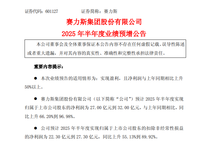 赛力斯 上半年净利润同比预增超66%