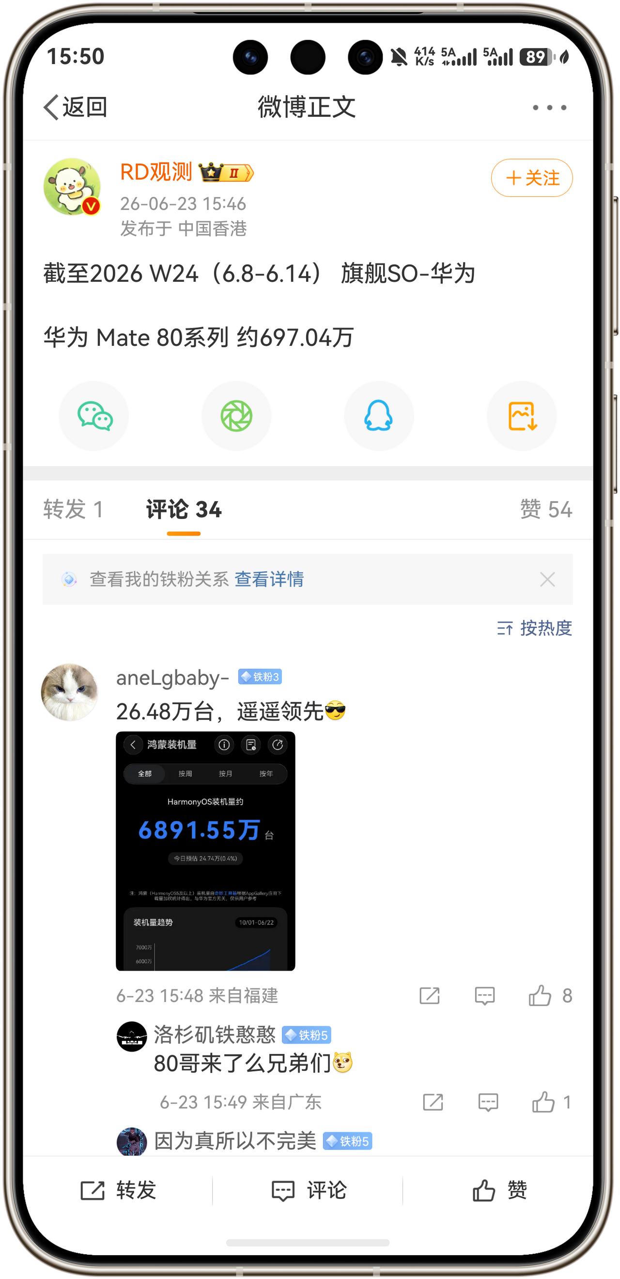好消息！华为Mate80系列销量即将突破700万台！根据数码博主@RD观测的