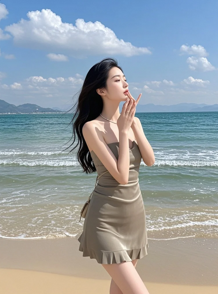海韵幽梦，镜头里美女的风姿映落霞