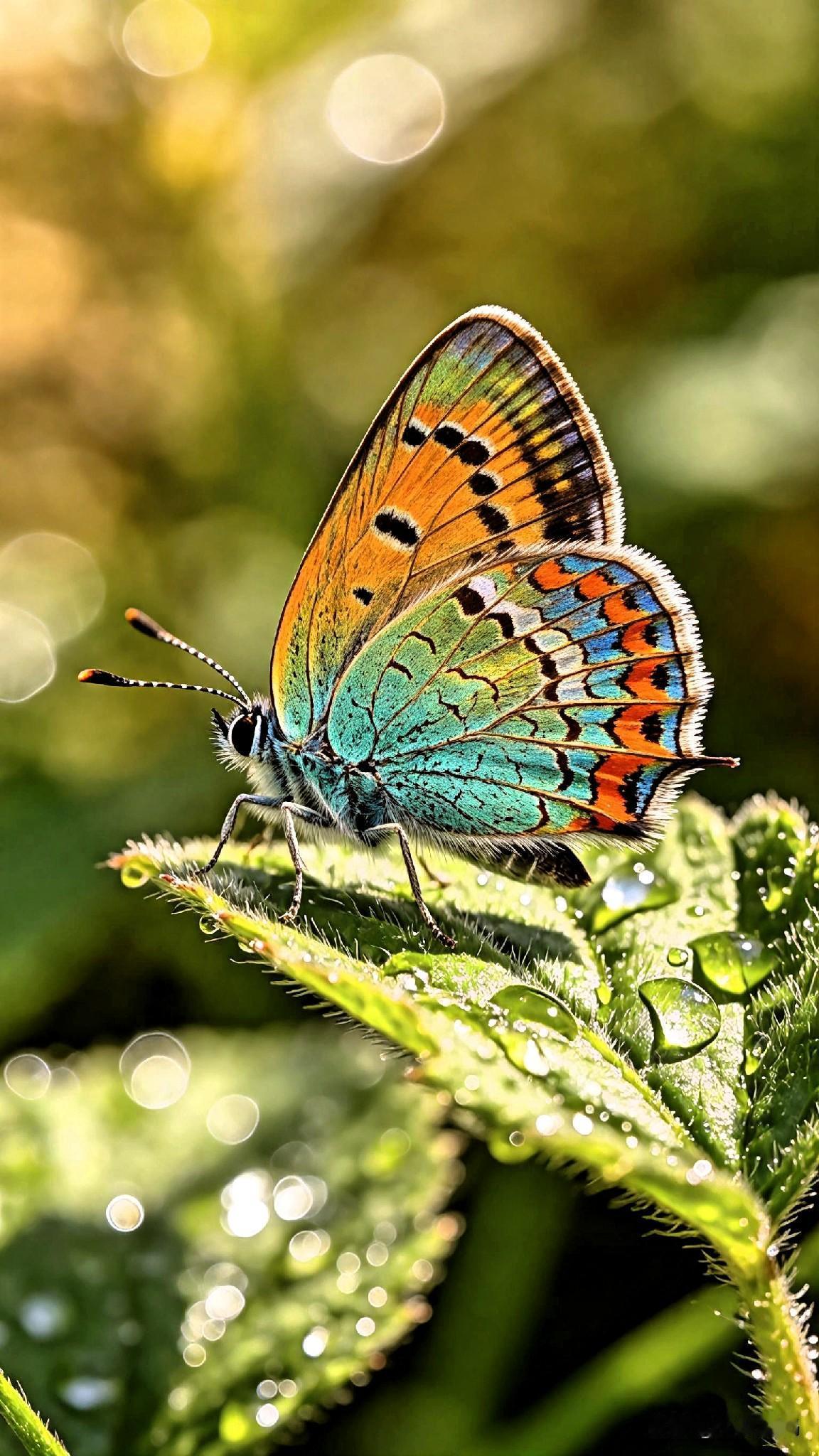 分享相册里的照片风景这是微距下的绝美风景，美丽的蝴蝶停在缀满露珠的绿叶上，原来大
