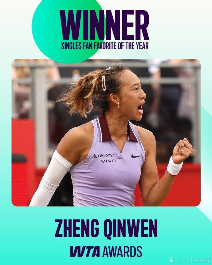 宣布蝉联人气女王，连续第二年当选WTA最受球迷欢迎单打球员👏