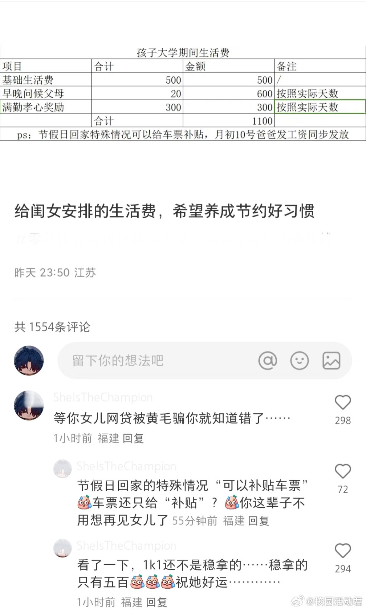 给闺女安排的生活费，希望养成节约好习惯​​​