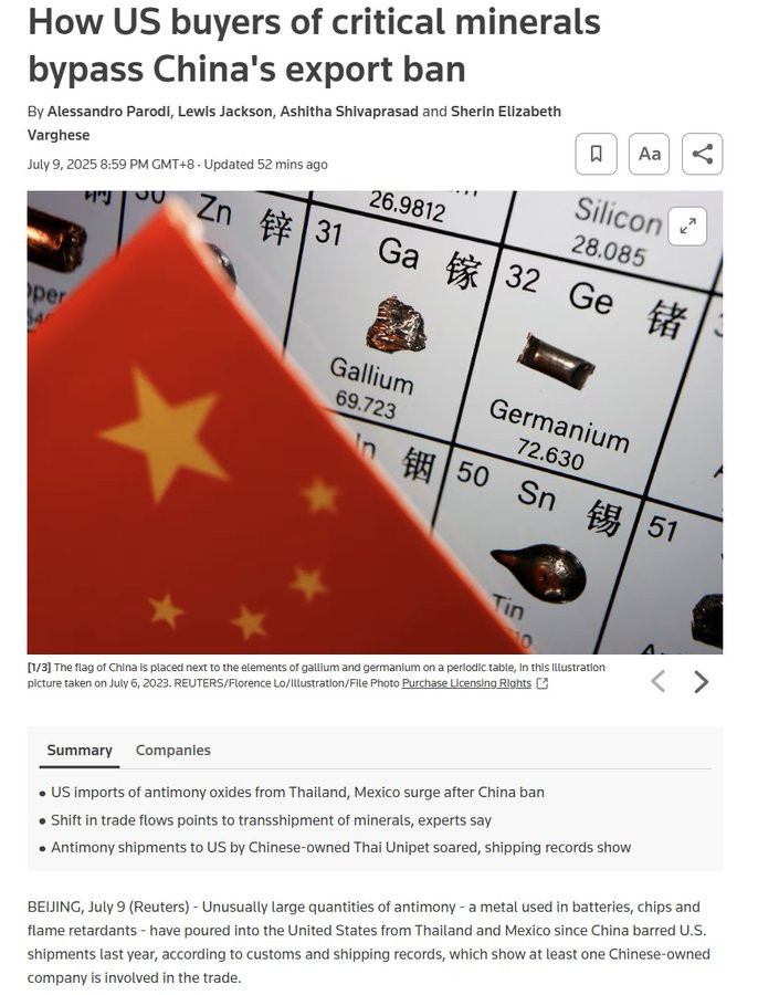 【美国买家绕过中国禁令采购关键金属】据路透社，美国去年12月至今年4月从泰国和墨