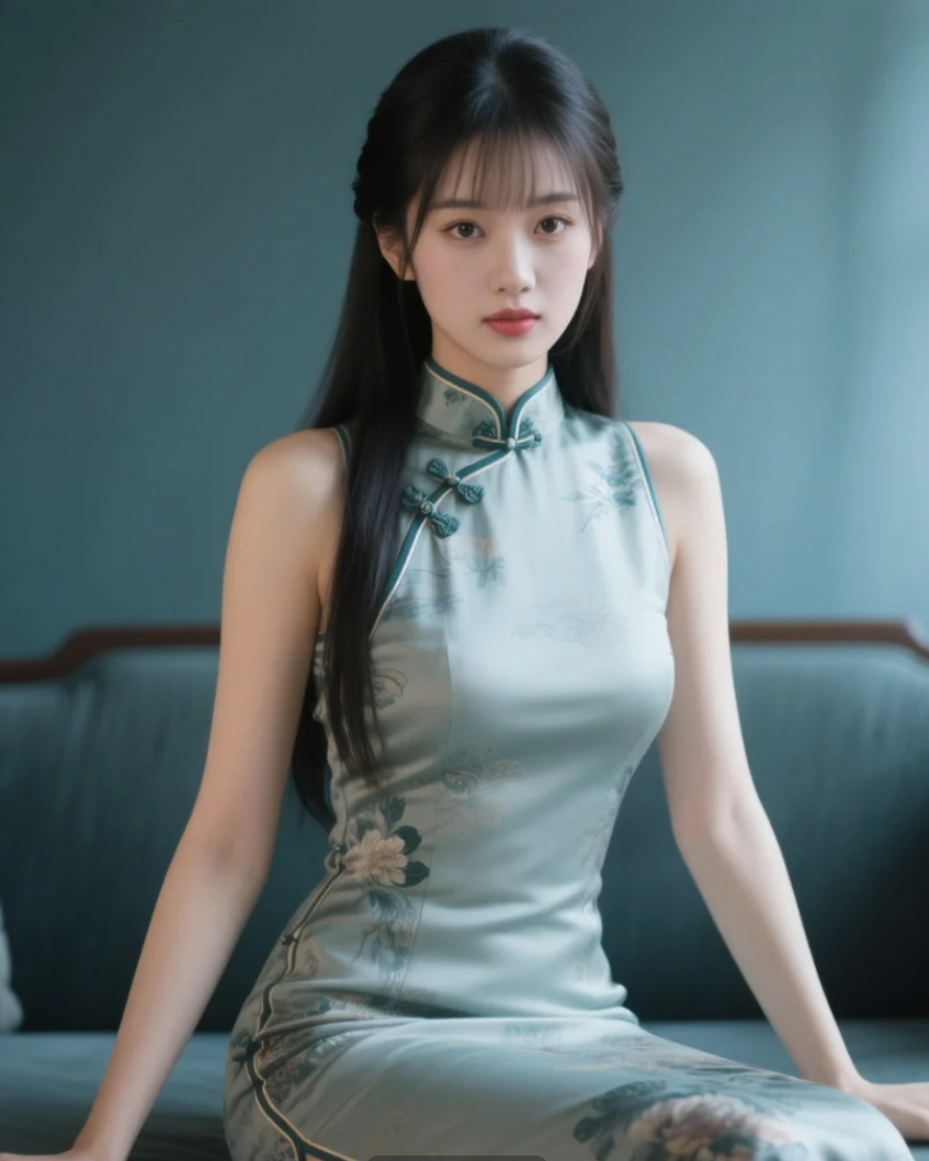 旗袍上的花纹，像是诉说着古老的故事，而她是故事的主角
