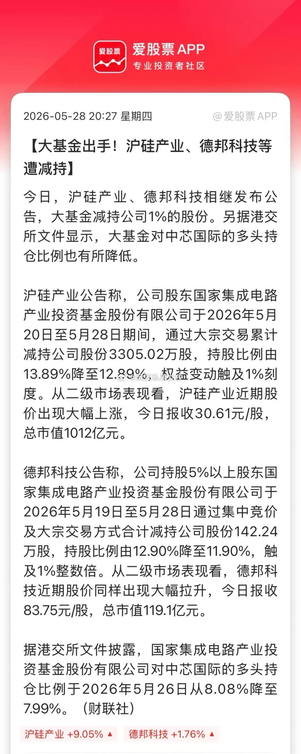 今晚多家半导体公告，国家大基金减持了公司的股份！1、沪硅产业：股东大基金持股比例