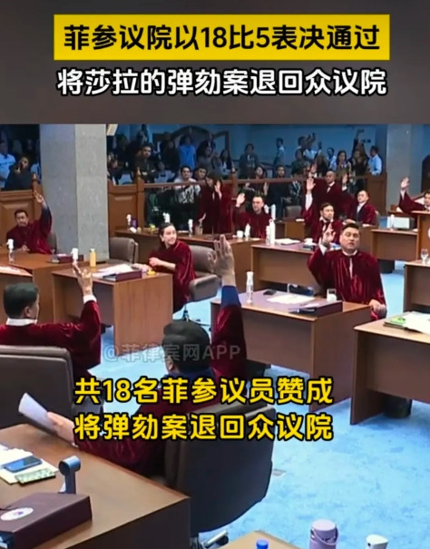 菲律宾参议院宣布弹劾菲律宾副总统莎拉的案子被退回了众议院，票数是18：5，18票