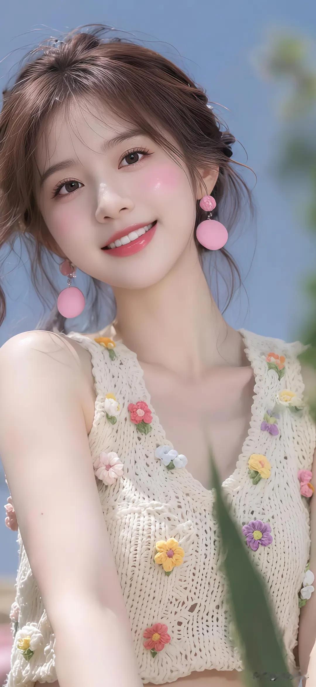 光之影甜美少女风，粉色耳环与花边背心完美搭配，元气满满！🌸💖粉色背心的美