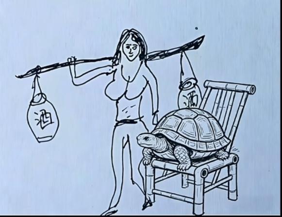 〔看图猜成语〕图中画面真逗乐；一个美女挑着酒；椅子放个老乌龟；谐音猜个成