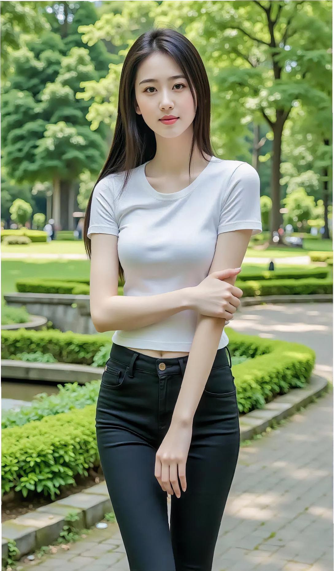 绿意浓，夏风柔，白衫黑裤气质优。抱手臂，微低头，长发垂肩眼波流。