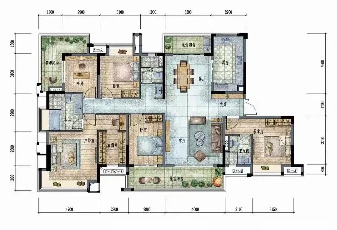 185.61㎡四房三卫，把改善的舒适度做到了极致！餐客通厅无多余隔断，空间