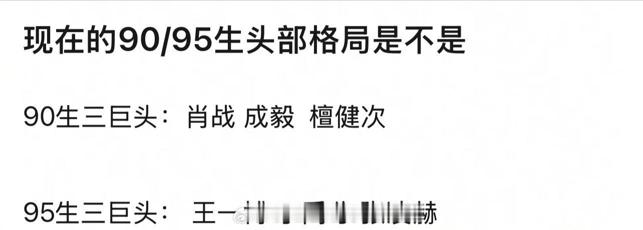 90生95生头部格局90生三巨头：肖战、成毅、檀健次95生三巨头：王一博、丁禹兮