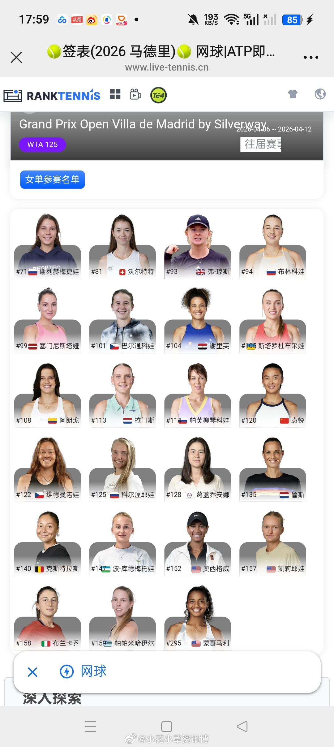 小花小草资讯下周马德里WTA125正赛名单袁悦参赛