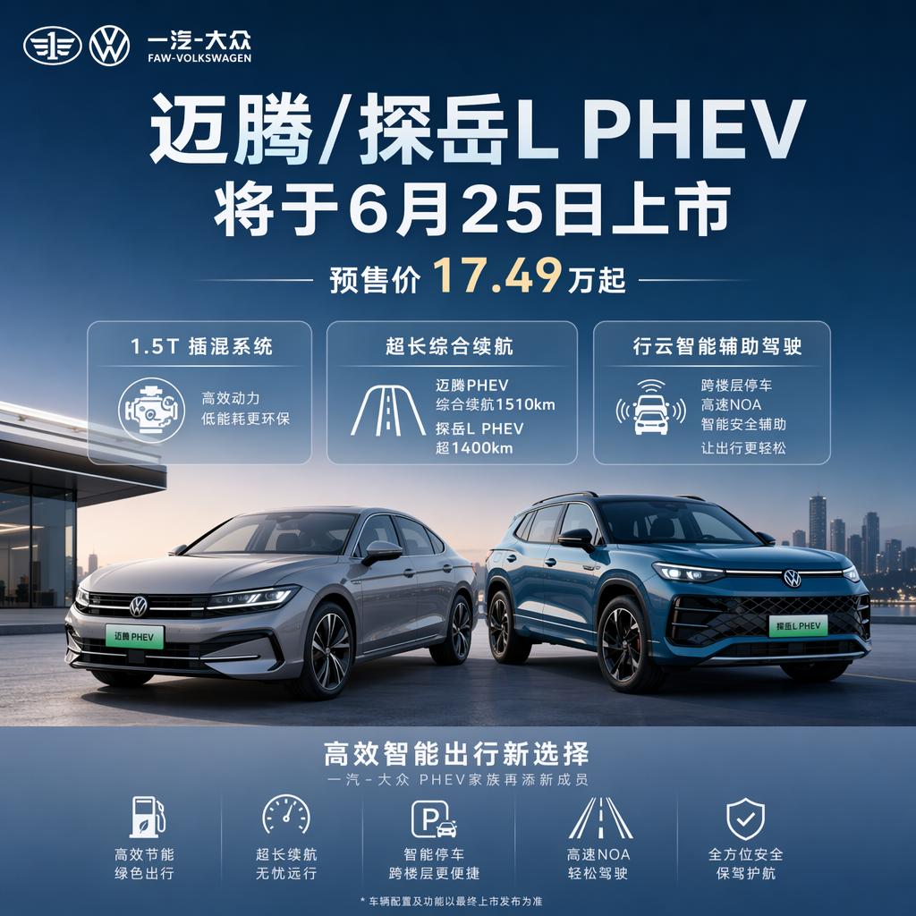 6月25日双车齐发，迈腾、探岳L插混登场，合资插混补齐续航与智驾短板