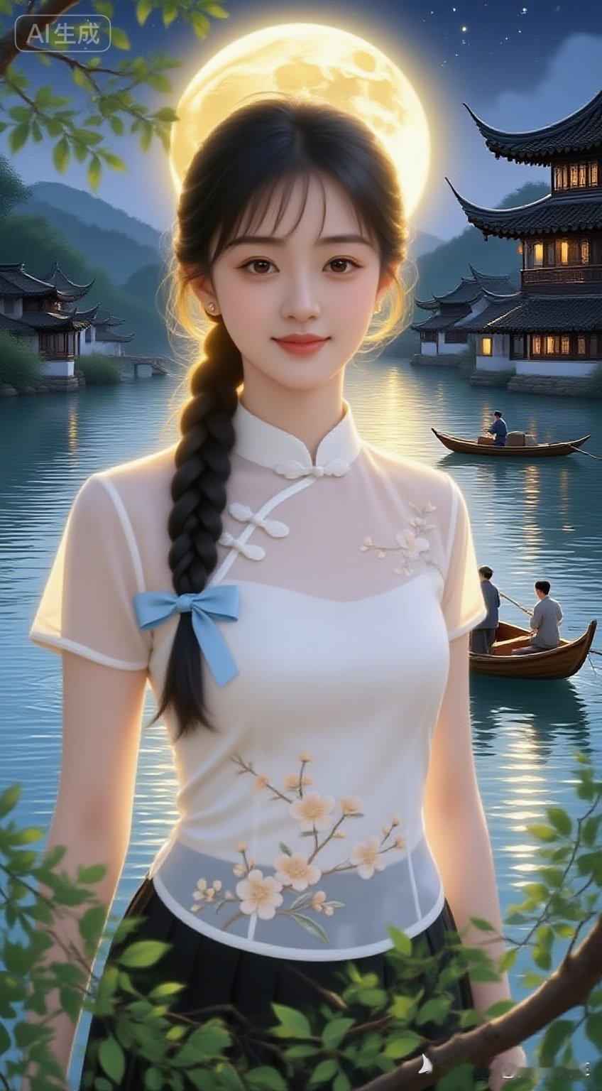 月夜江南江面银波粼粼，扁舟渔人，金辉月色，前景青枝，静谧氛围感。将温婉美女融入此