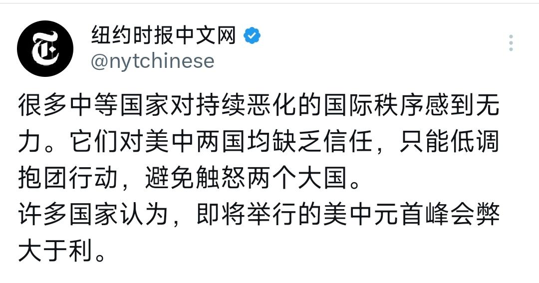纽约时报中文网今天（5月12日）写道：“很多中等国家对持续恶化的国际秩序感到无力
