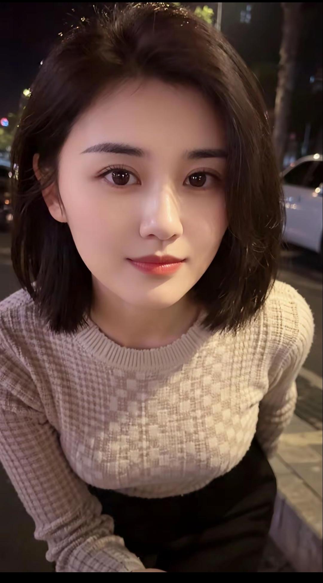 夜晚街头的温柔微笑，暖心毛衣搭配，散发迷人魅力。