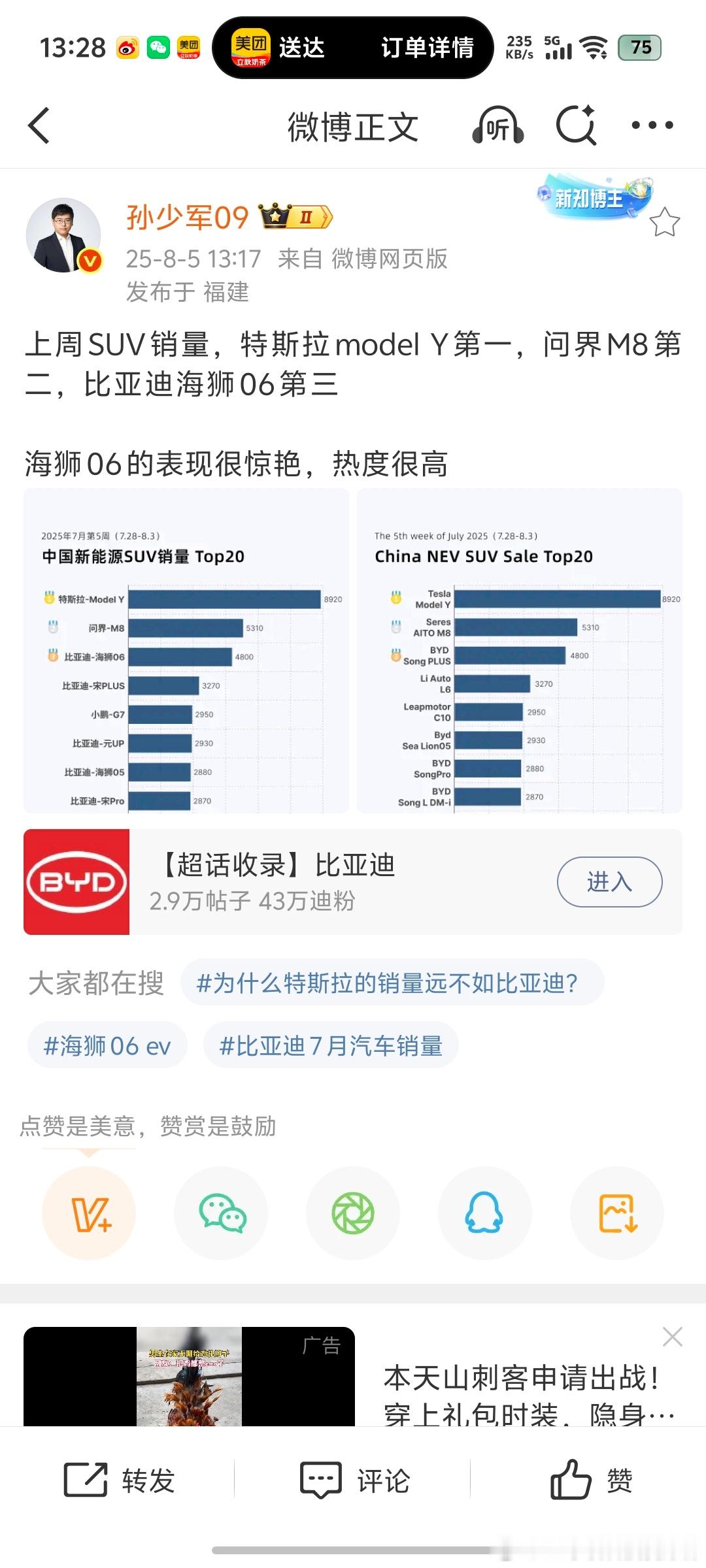 上周新能源汽车销量出来了，没想到比亚迪海狮06一周卖了4800台，这个数据确实不