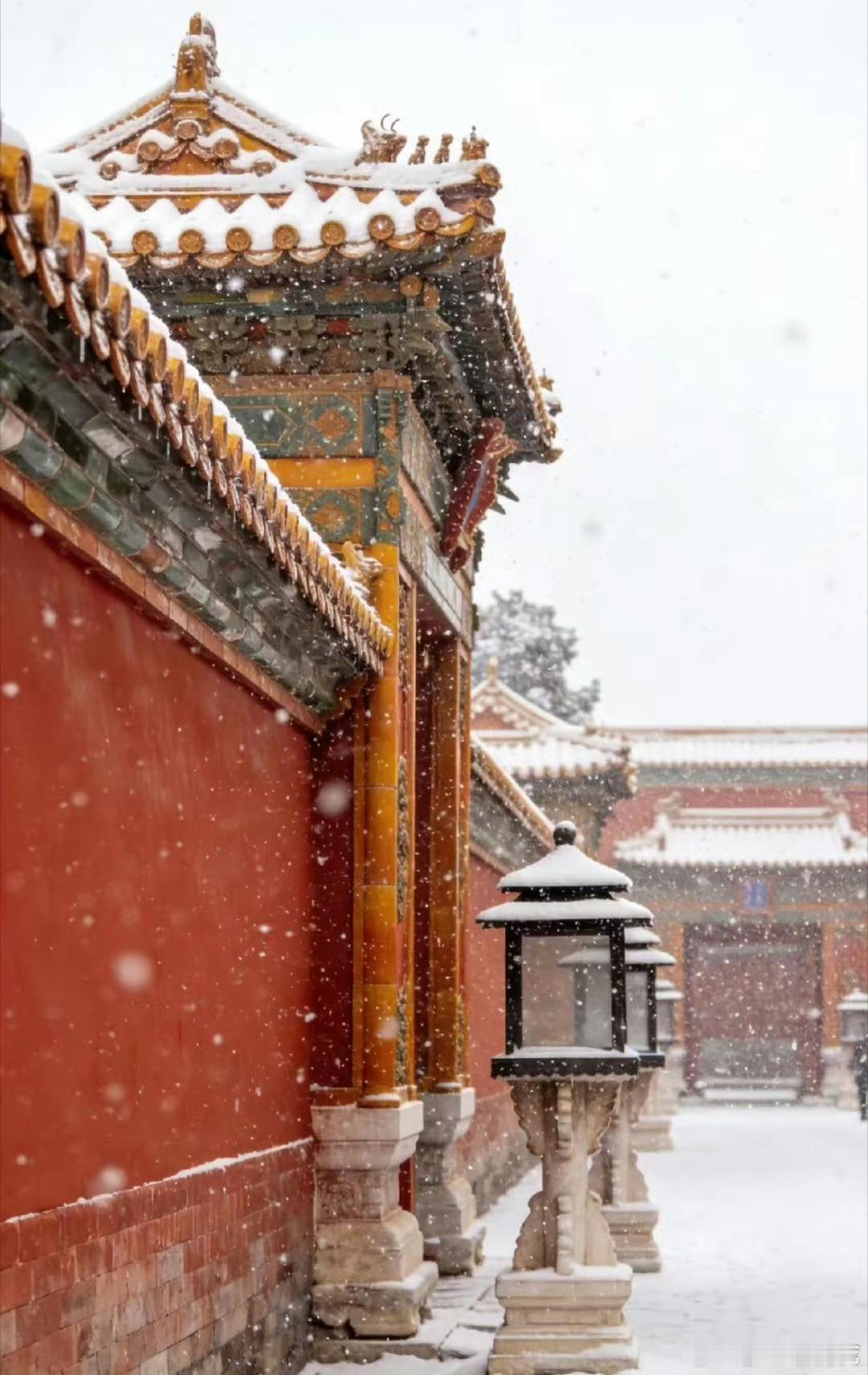 游客一早排队进故宫等雪故宫这个雪景，只能说值得等待，纷纷扬扬的雪仿佛讲诉着多少故