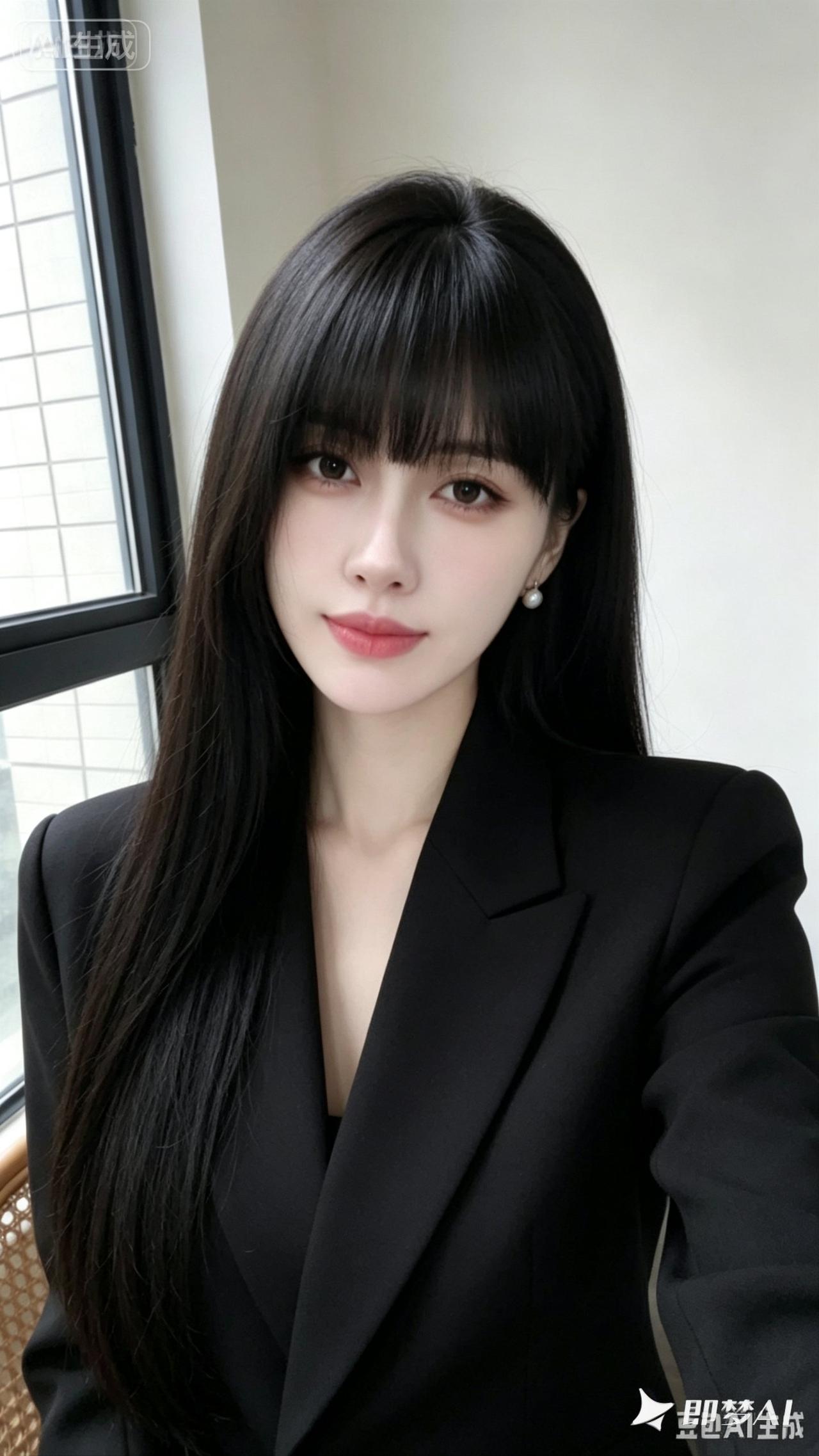 这位美女穿着黑色西装，看着镜头微笑。