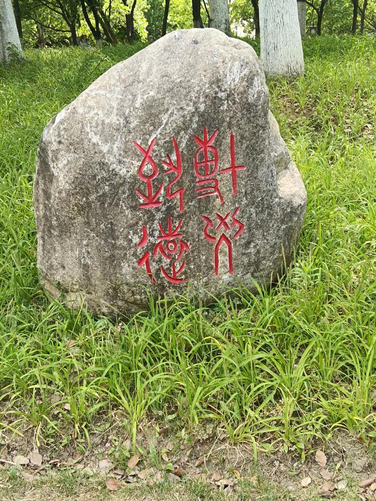 这块石头平平无奇，而石头上的字却有点意思，一看就知道是篆体字，但却真难认呀。有认