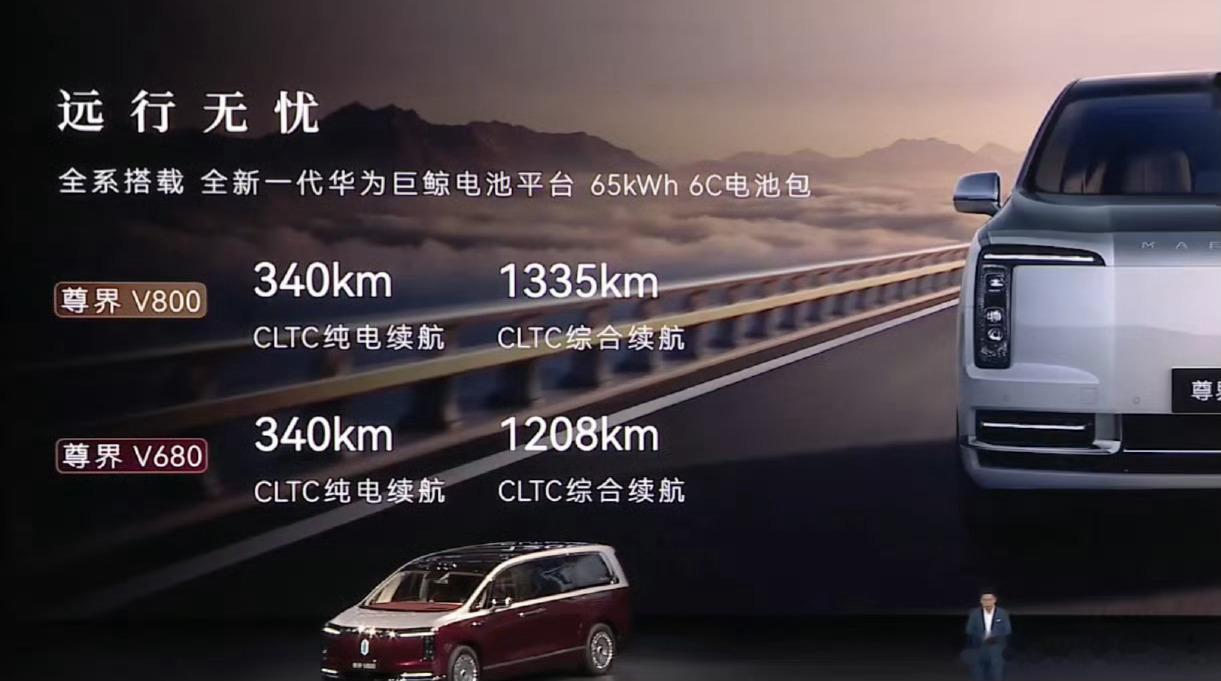 尊界V680和V800的CLTC纯电续航是340km，65度电池6C快充水平，大