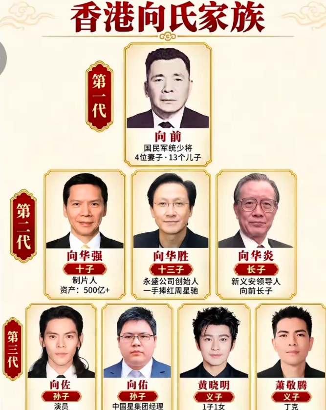 说起香港向氏家族，在港片黄金时代几乎就是无法回避的一个名字。第一代家主向前有十三个儿子，第二代中的向