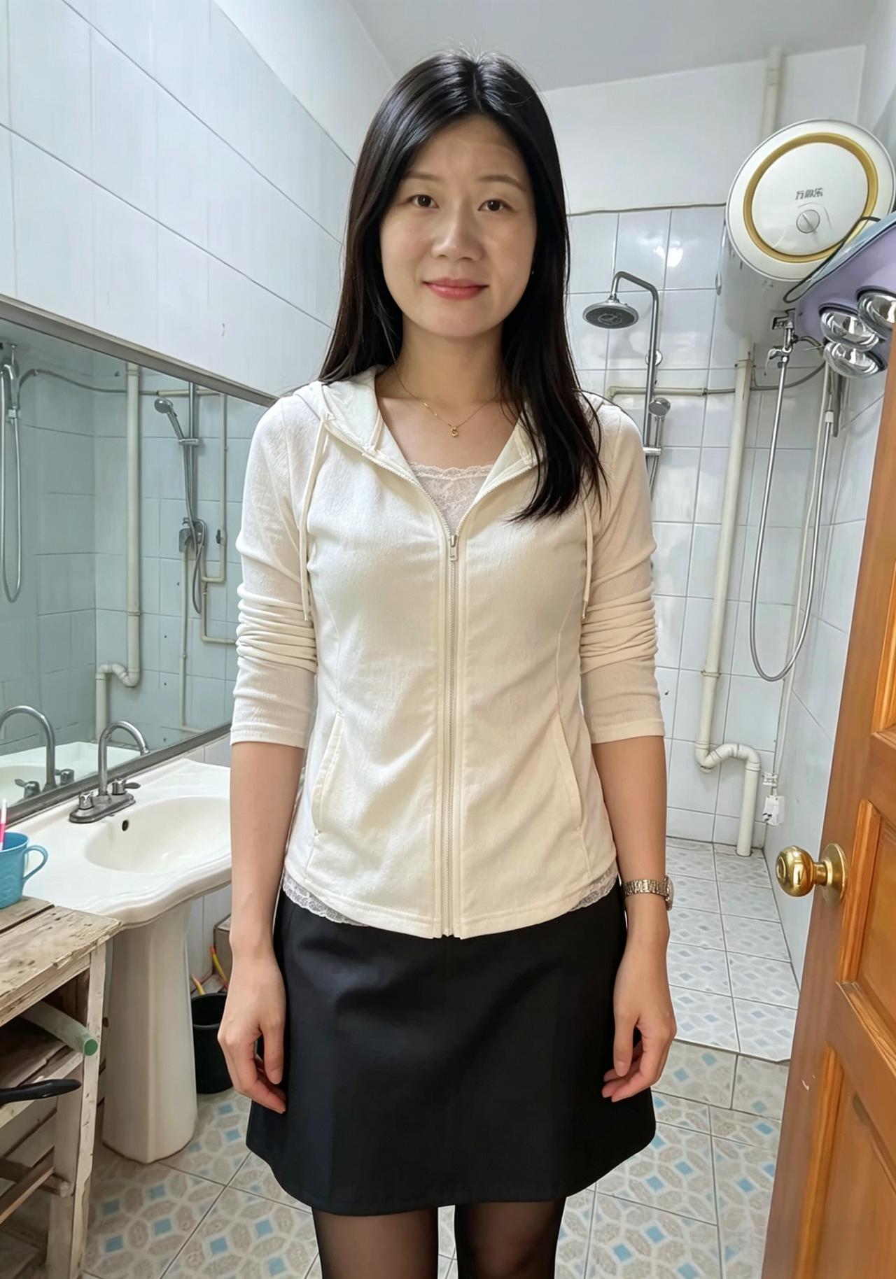 素色连帽衬清灵，雅致穿搭韵自生。黑发垂肩含秀气，明眸浅笑动人情。身姿娉婷多端