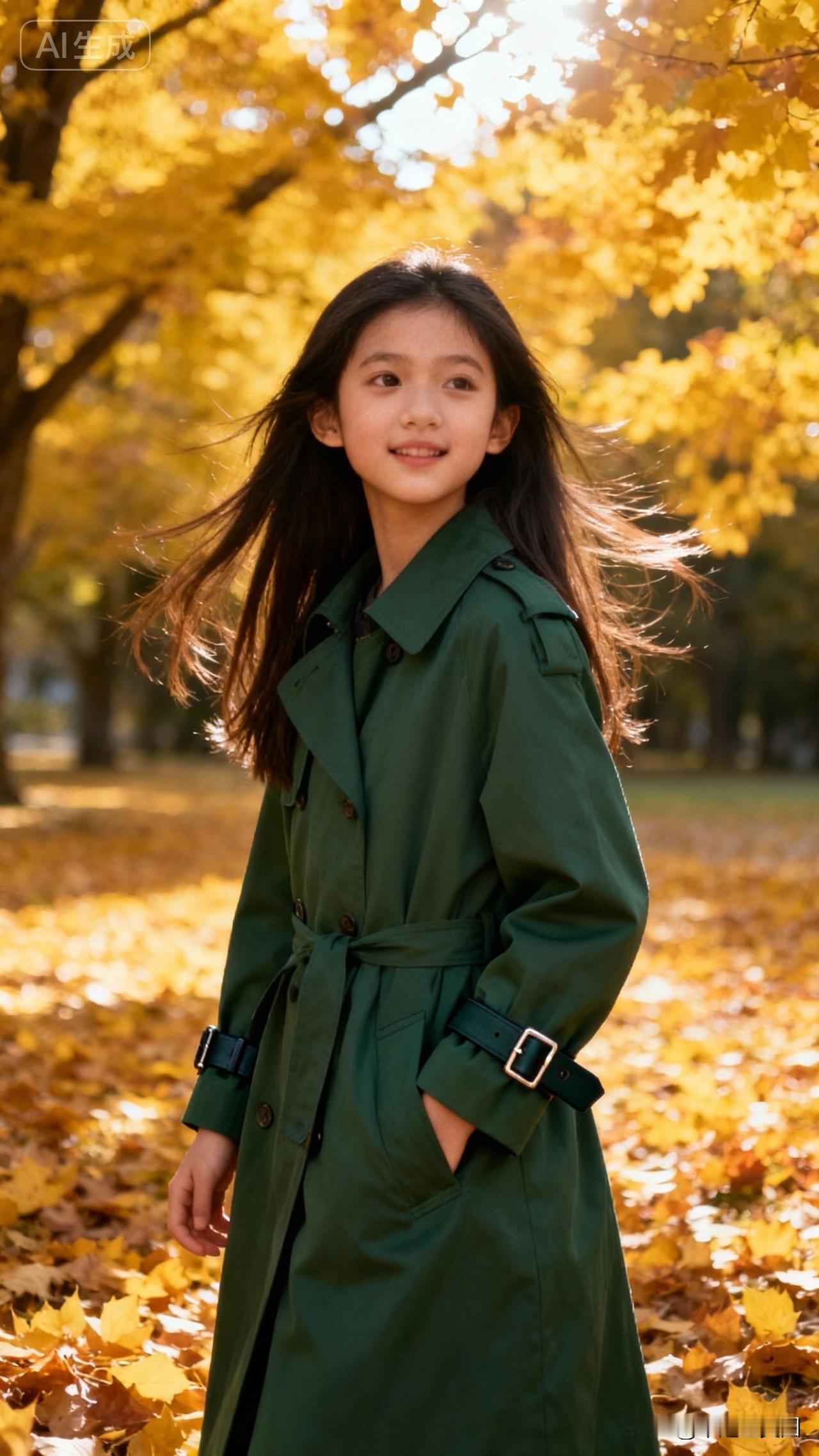 秋日暖阳下，少女漫步在落叶铺满的小径上，绿大衣与金黄落叶相映成趣。