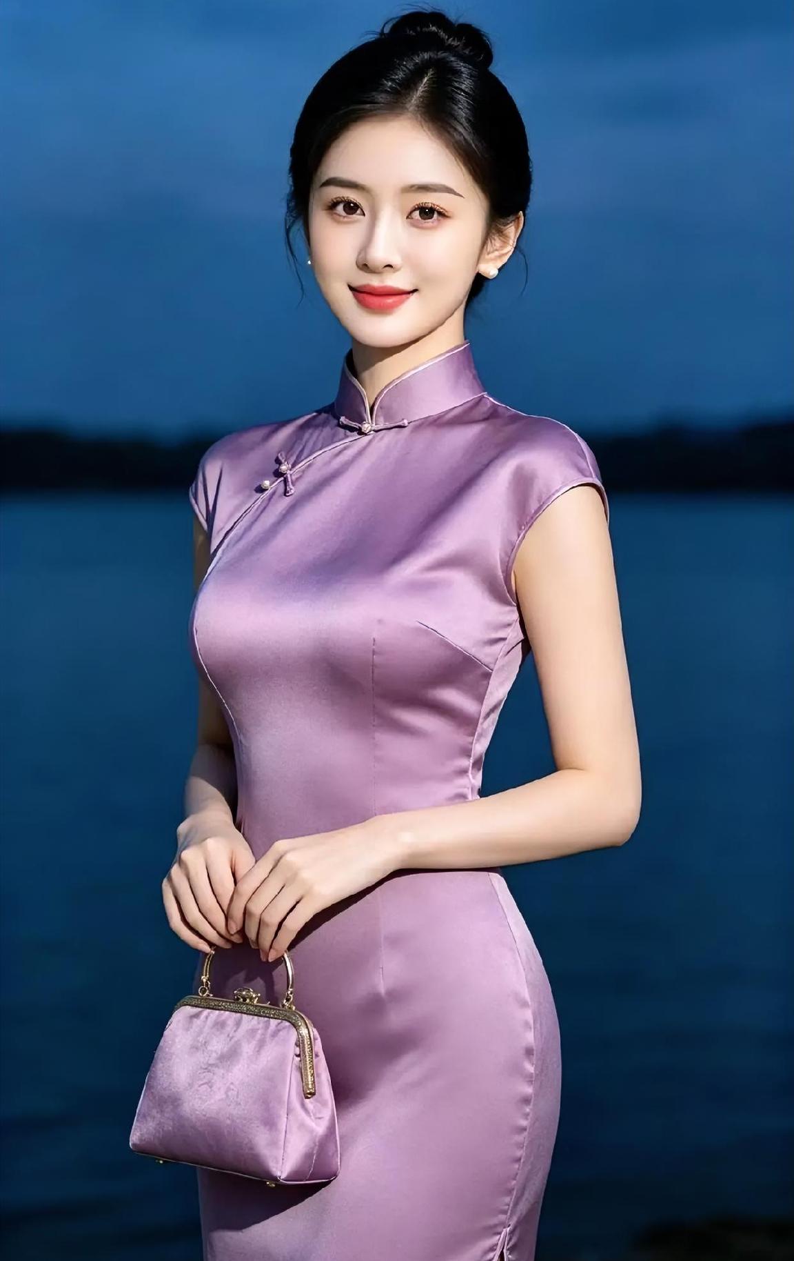 《谁把晚霞穿在身上？》紫衣轻裹立水旁，盘扣含情笑意扬。手提小包风细细