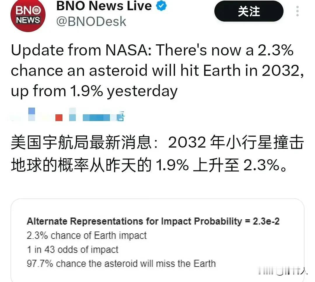 小行星撞地球概率正在上升。