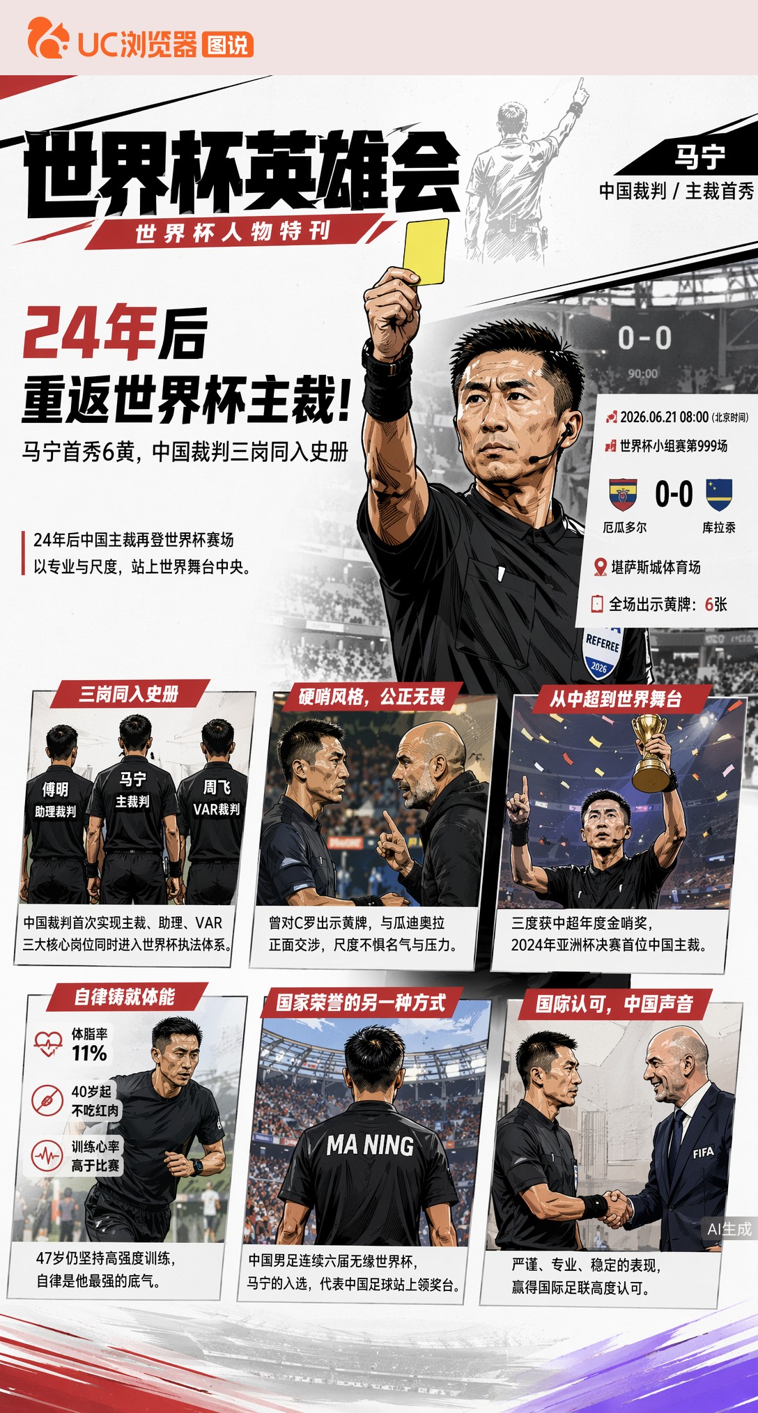 24年后重返世界杯主裁！马宁首秀6黄，中国裁判三岗同入史册