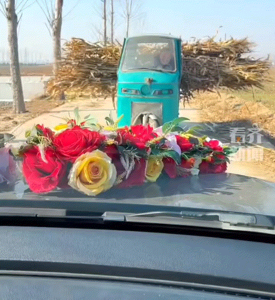 万万没有想到，一对新人婚车队伍行驶在狭窄的乡村道路上时，恰好遇到一辆拉着农物的农