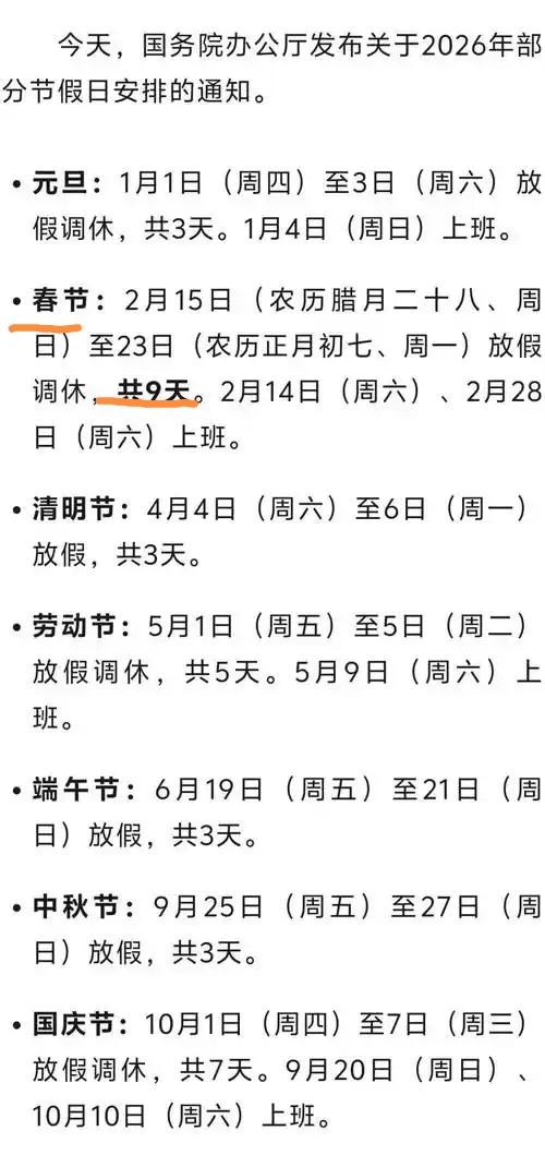 你怎么看我觉得最亮眼的还是春节长假，在法定假期不变的情况下，通过调休，能达到9