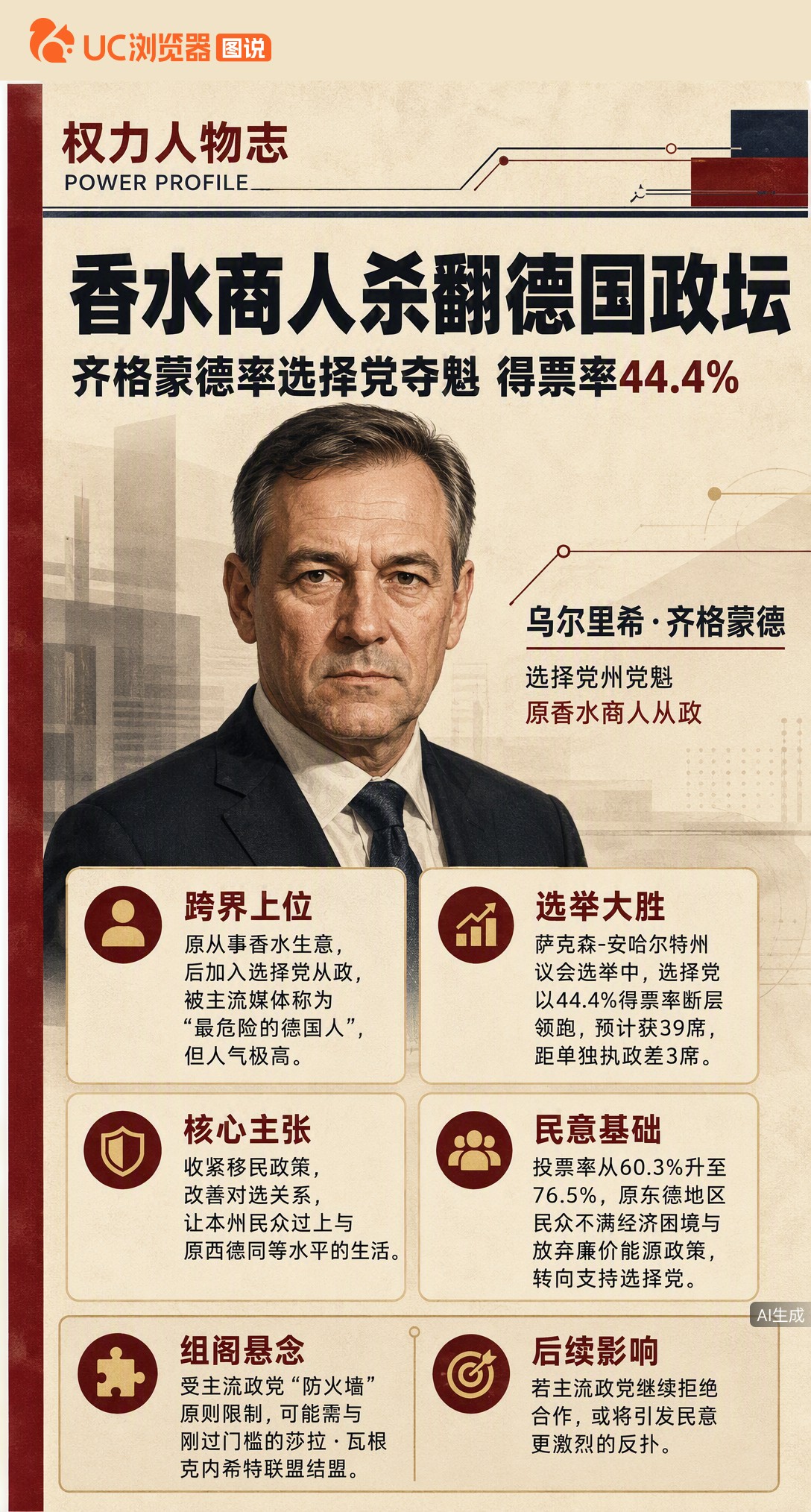 做香水的齐格蒙德，带着选择党在东德拿下44.4%的选票。但离单独执政还差3席，主流政党又死守“防火墙