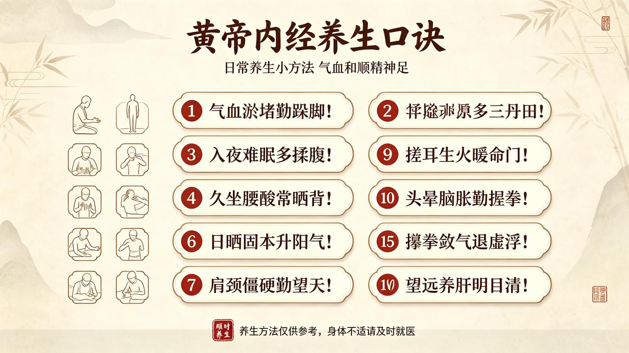 皇帝内经养生口诀①气血淤堵勤跺脚！②常跺双脚通三焦！③入夜难眠多揉腹！