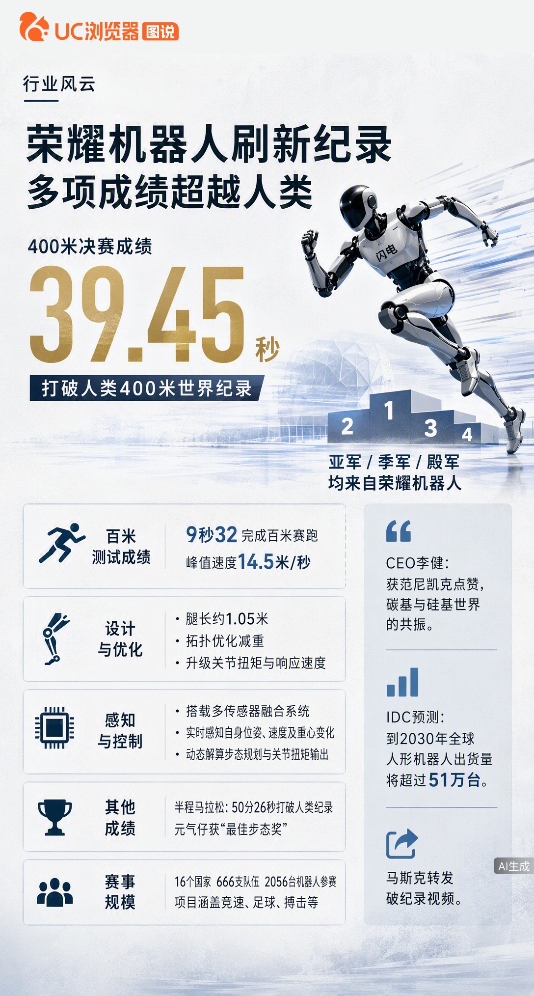 荣耀机器人400米跑出39.45秒，打破人类世界纪录！百米也超博尔特，连马斯克都转发。碳基硅基竞速，