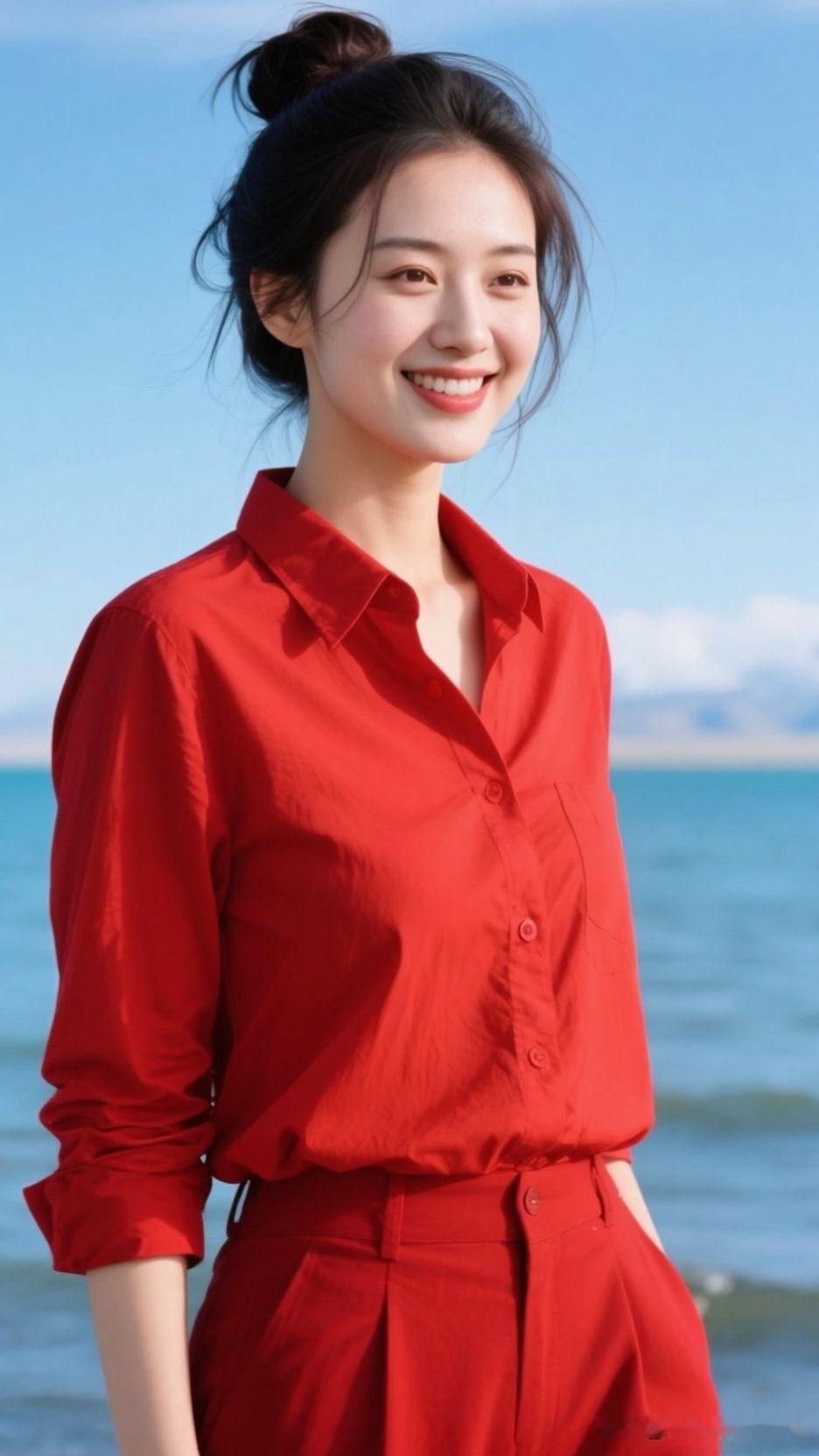 “红衣美人倚海立，笑靥如花映碧波”，这画面太美了！笑靥如花，就是女子笑起来像花儿