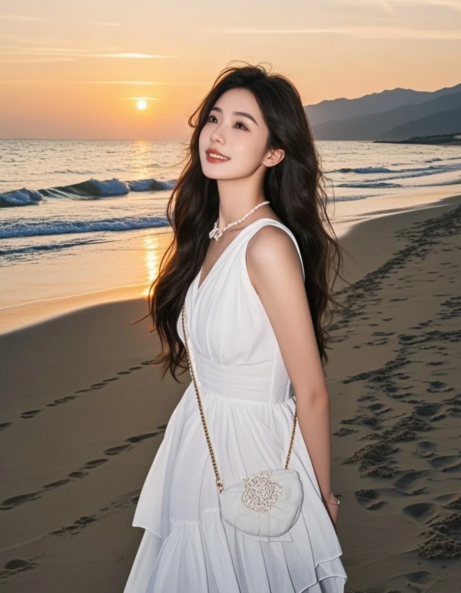 海风拂过她的长发，美得如梦似幻