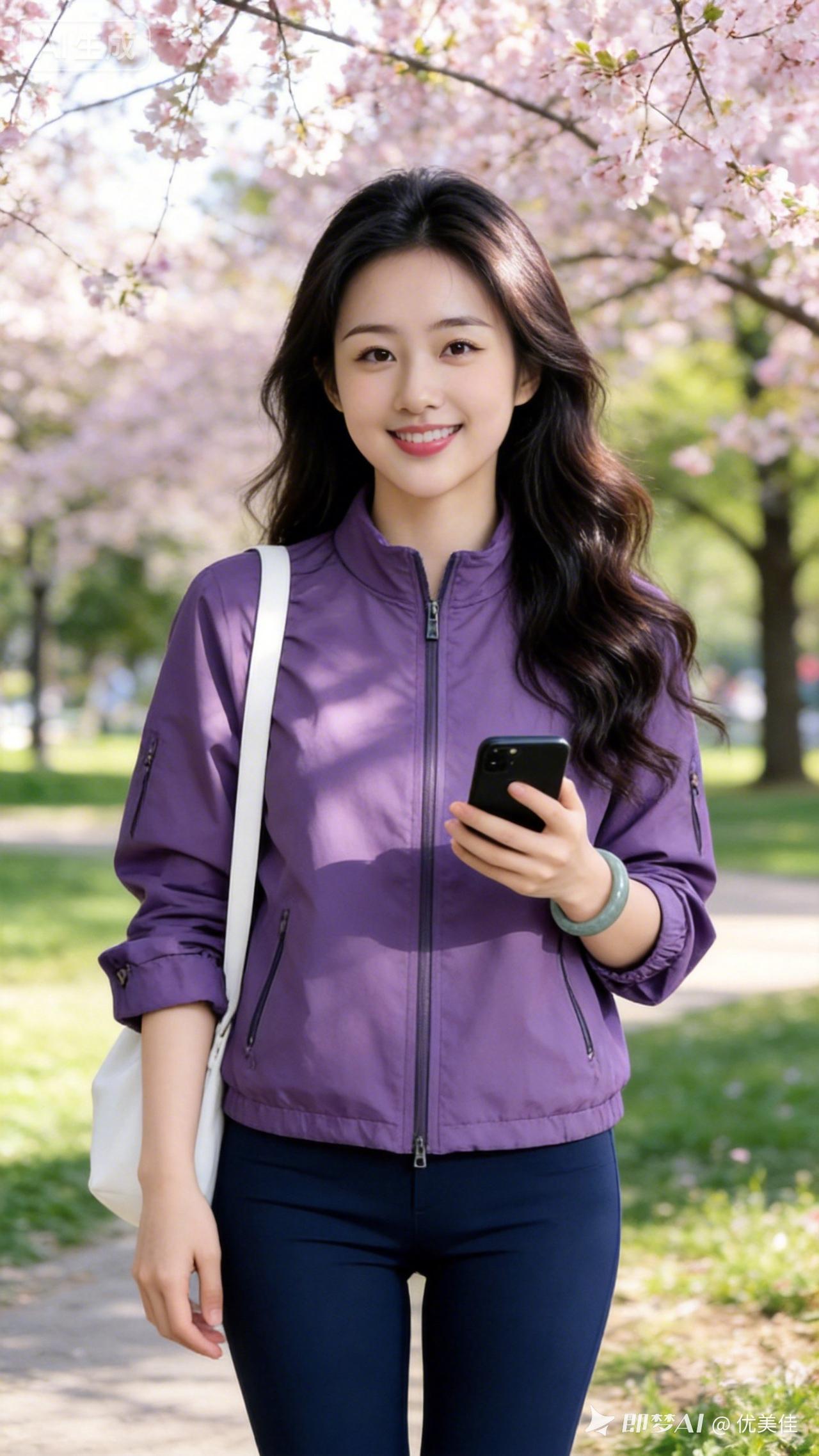 樱花树下，微笑少女，手机相伴，春日漫步
