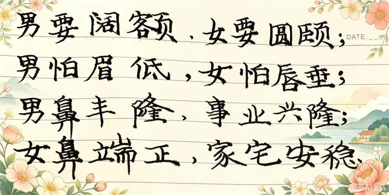面相大师说：“男要阔额，女要圆颐男怕眉低，女怕唇垂；男鼻丰隆，事业兴隆；女
