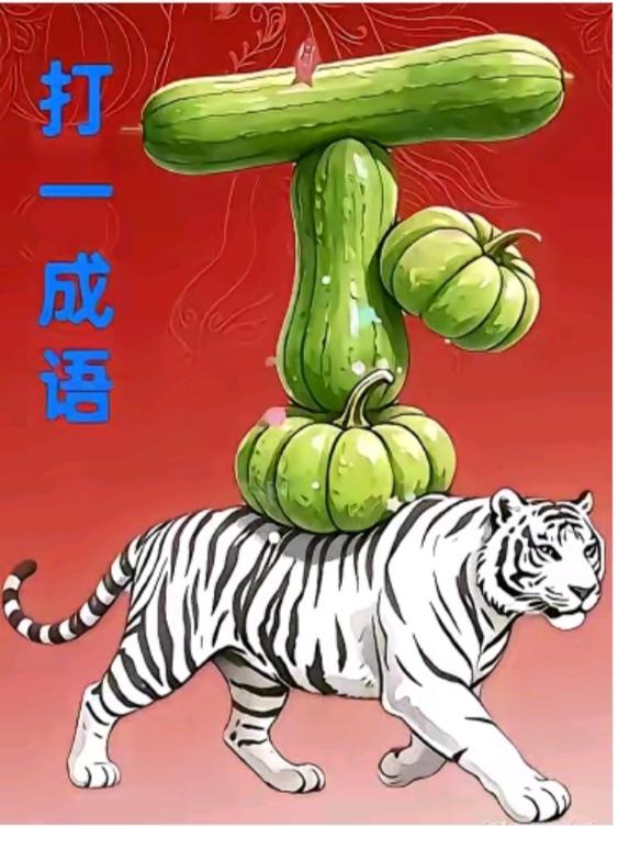 图中画面真精彩；老虎背上驮青菜；青菜就有西葫芦；还有两个大南瓜；两个蔬菜