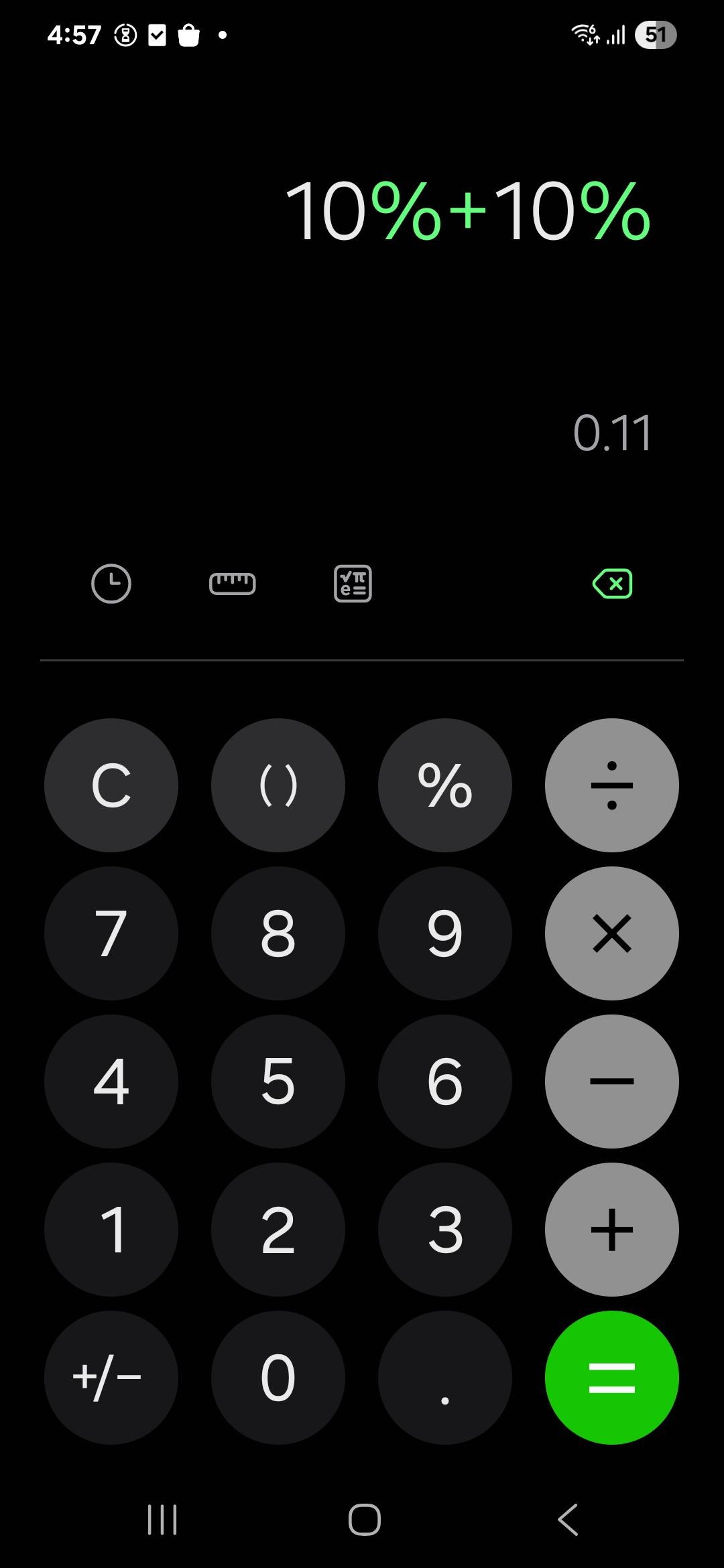 10%+10%=0.11我用三星手机计算10%+10%，但手机告诉我结果是0.