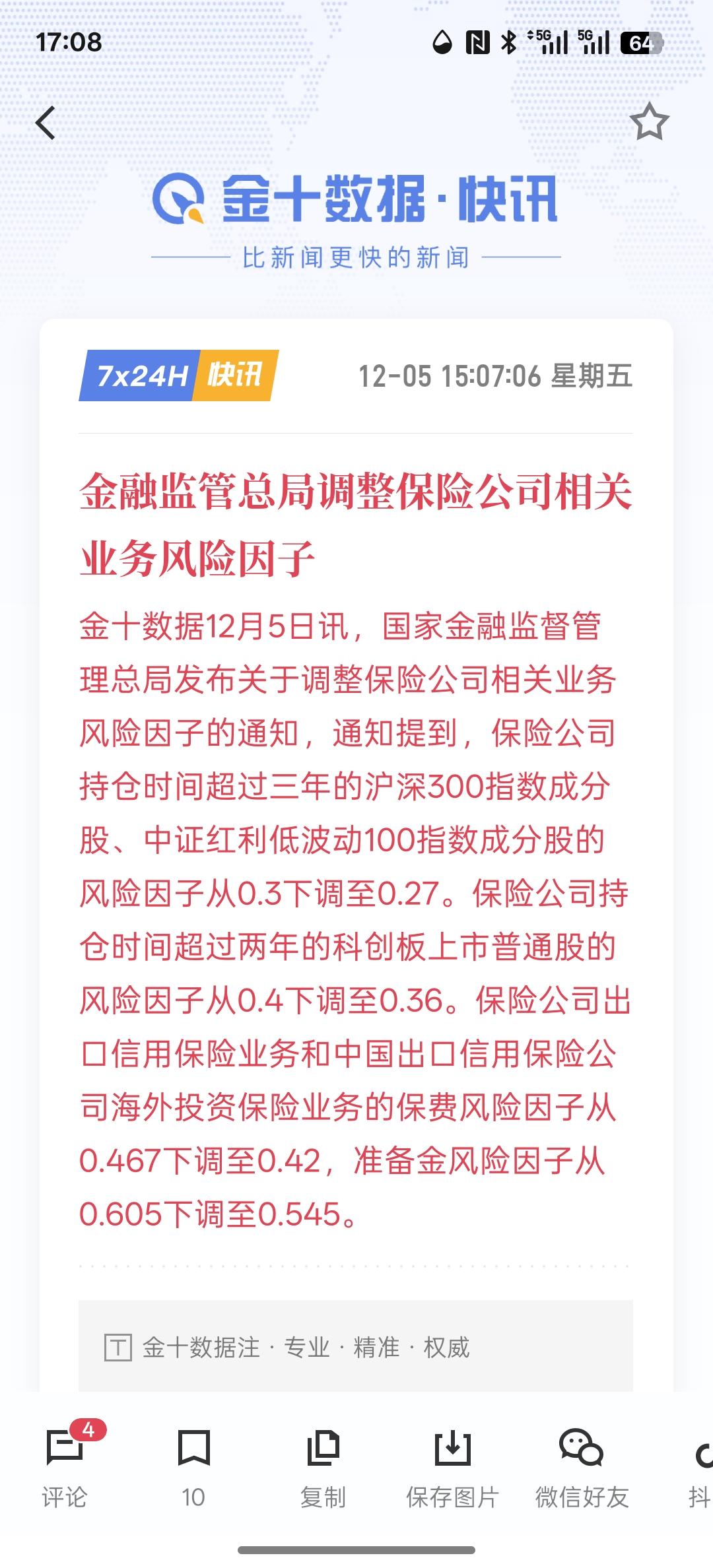 利好消息，金融监管总局调整保险公司相关业务风险因子，下调风险因子，那就是释放更多