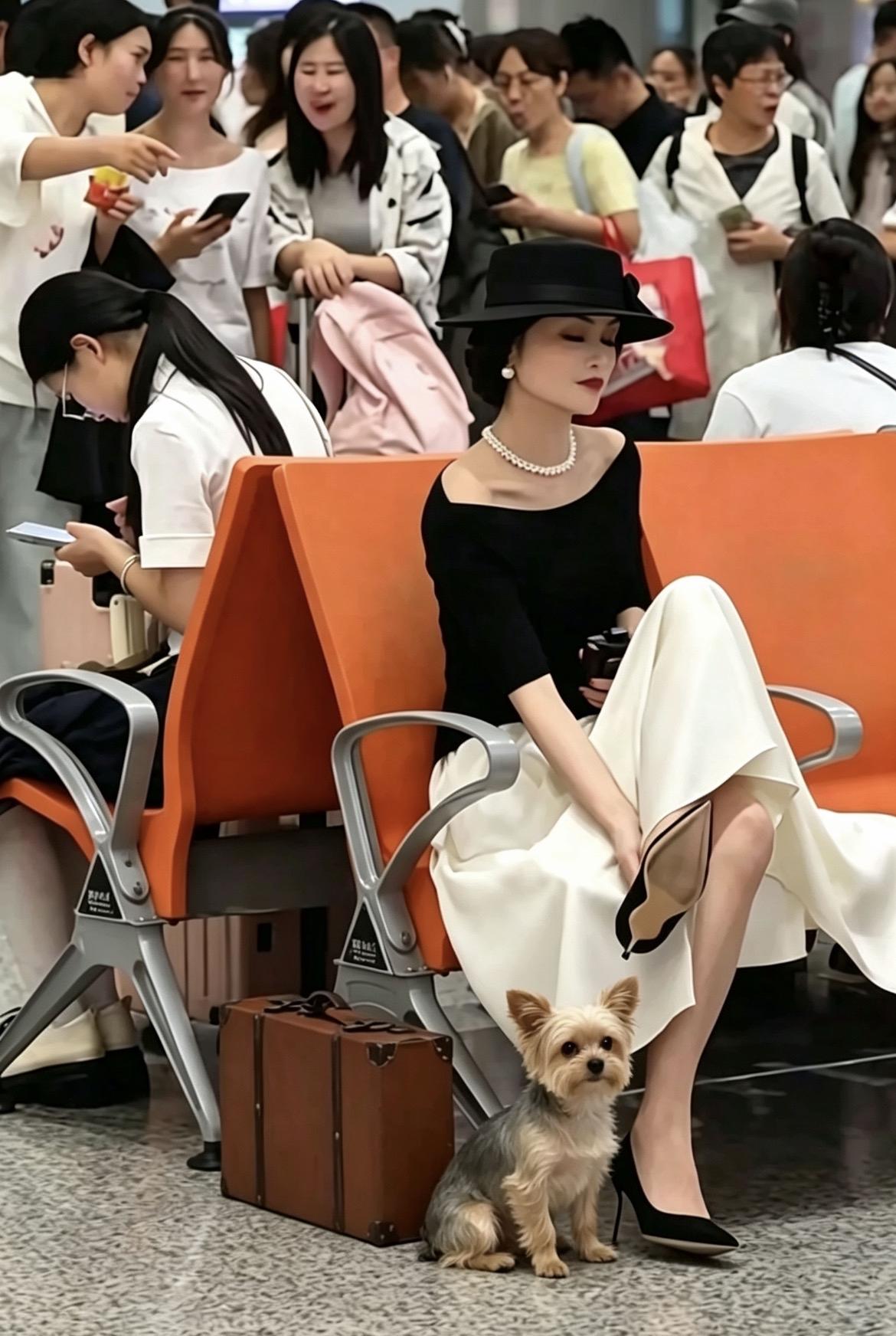 这场景有俗有贵。后面几个女人正指手画脚地议论着这位打扮得宛如奥黛丽·赫本的女士