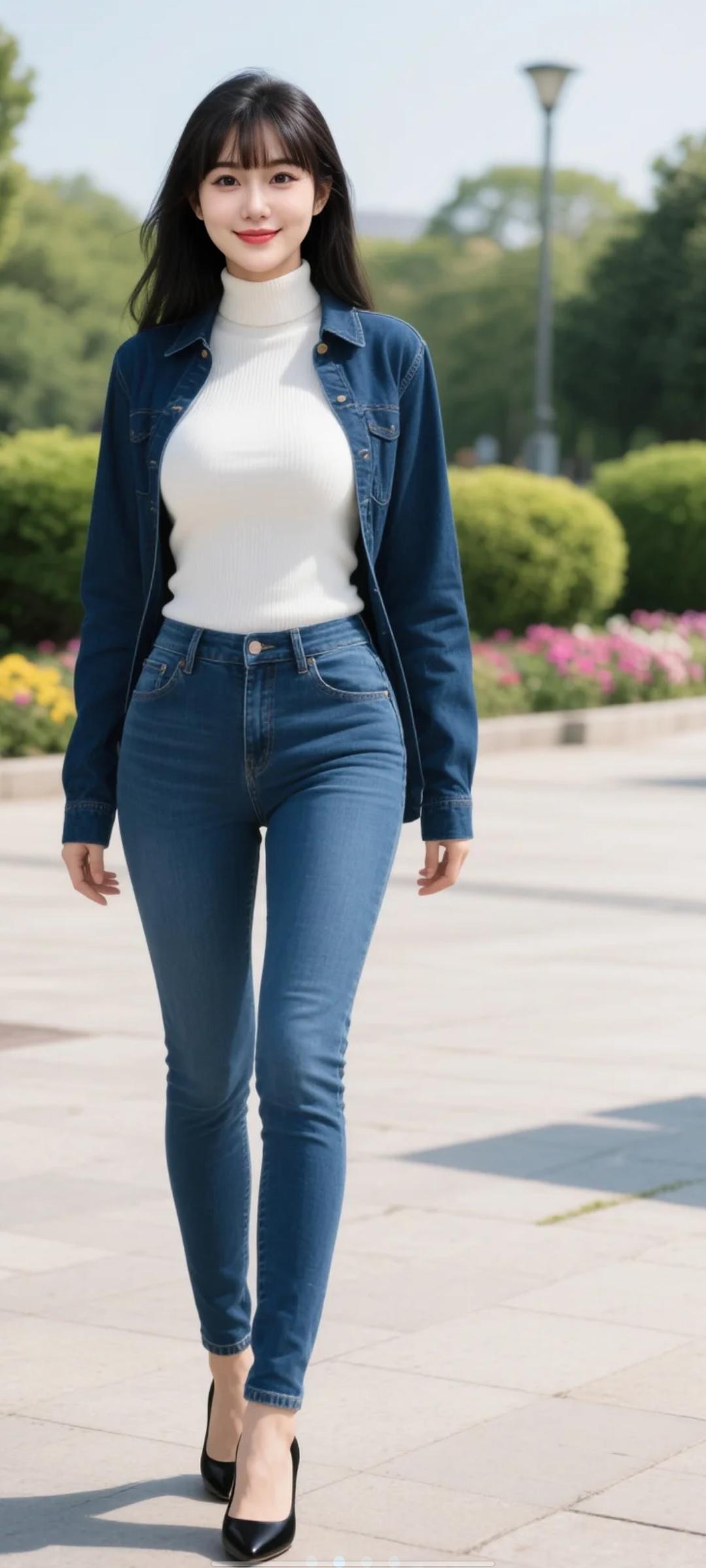 宝子们啊，快看啊，这位美女穿着牛仔外套，走在公园里。