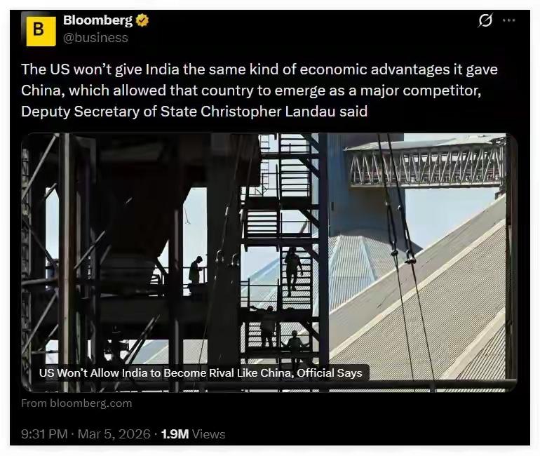 美国当着面说，要遏制印度成为强国北京日报3月6日报道，正在印度参加的国际问题